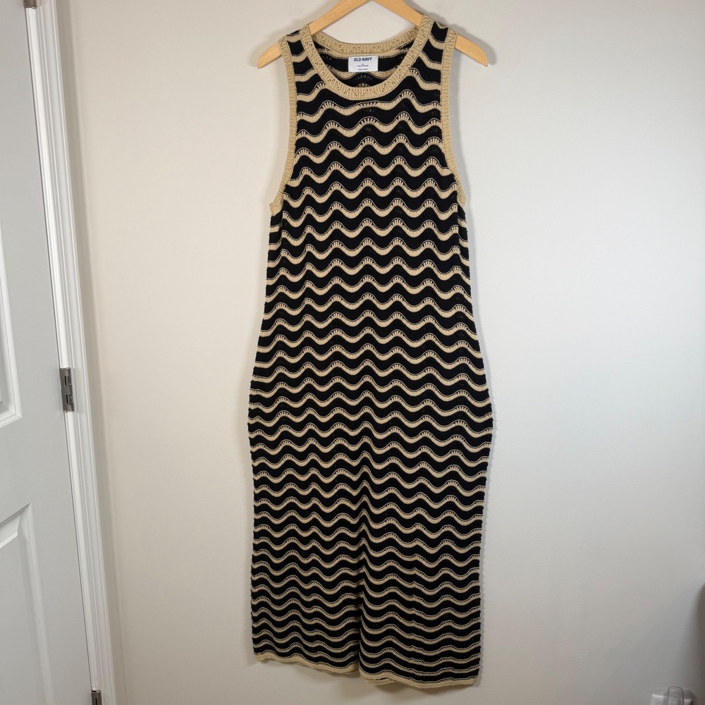 Old Navy Wave Pattern Crochet Knit Maxi Dress XL BOHO Black Tan Sleeveless Tank